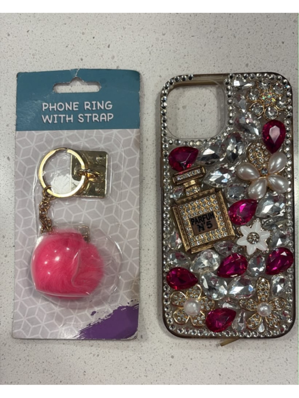 Bling Crystal Perfume Bottle Rhinestone Phone Case & Pink Charm Strap #N44a